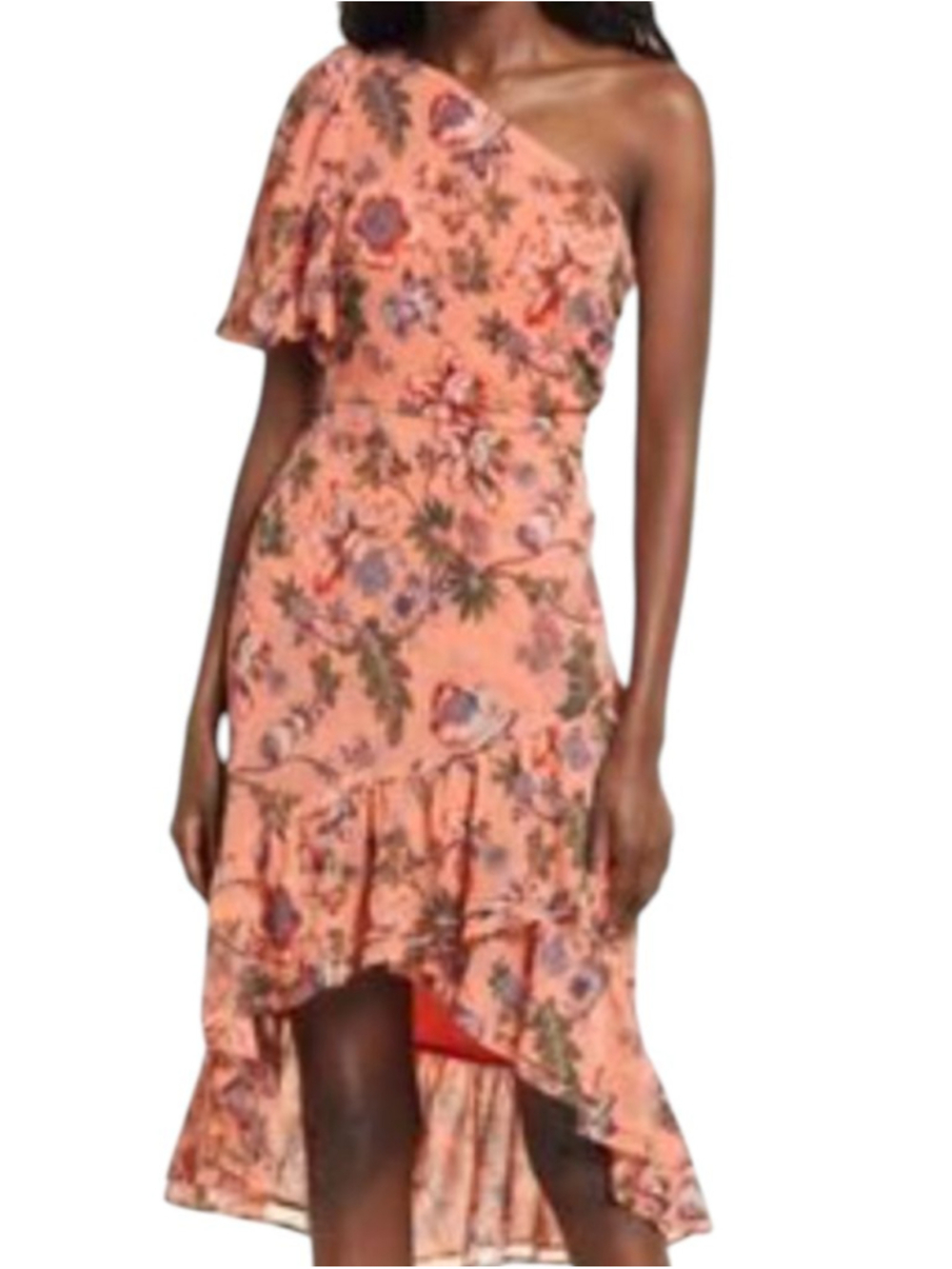 Chelsea28 One Shoulder Floral Ruffle Dress in Peach, Size Medium